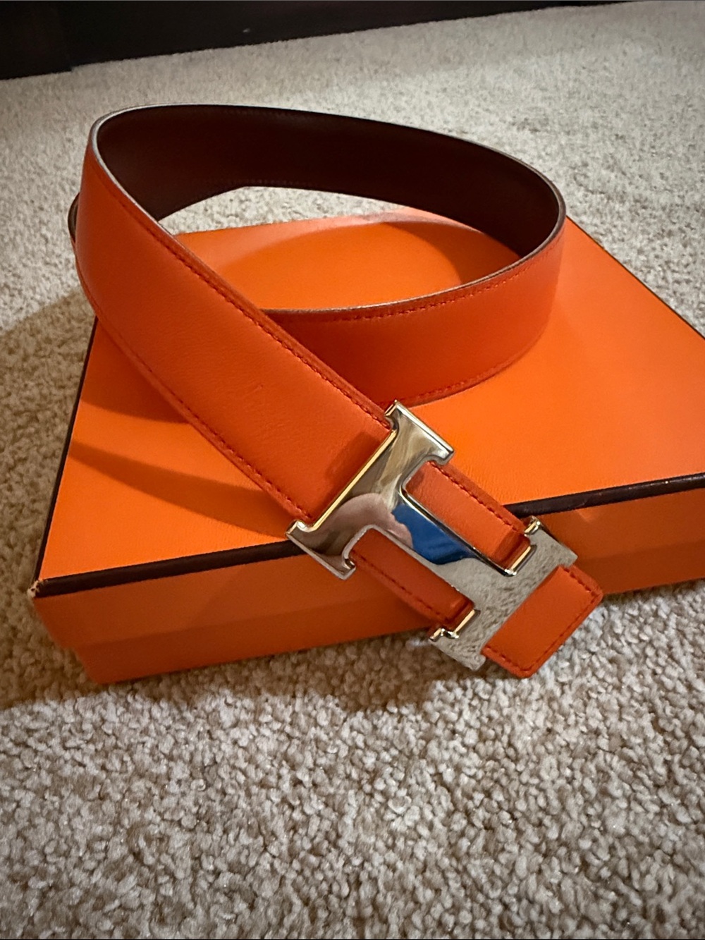 Hermes Orange Reversible Leather Belt with Silver H Buckle COA and box